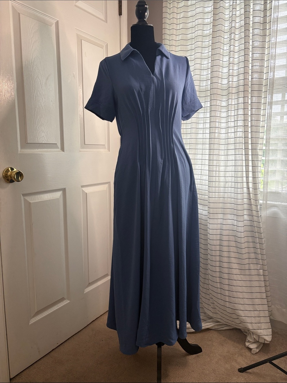 Tahari Collared Short-Sleeve Maxi Dress in Slate Blue